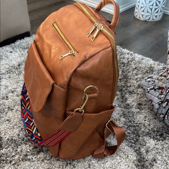 Tan Leather Backpack with Flag-Inspired Strap - Picture 3 of 3